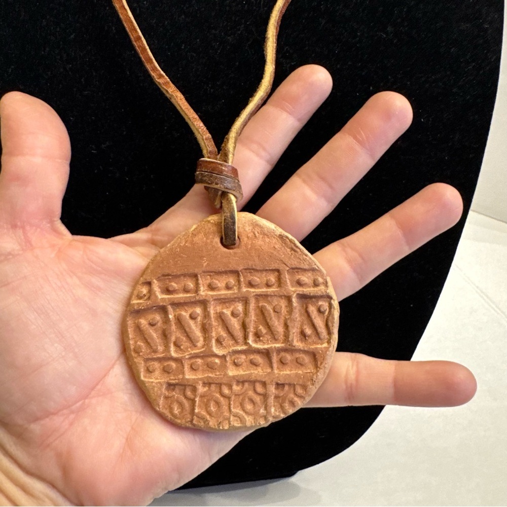 Vintage Terra Cotta Clay Pendant Beads Ethnic Tribal Necklace Leather Cord Boho